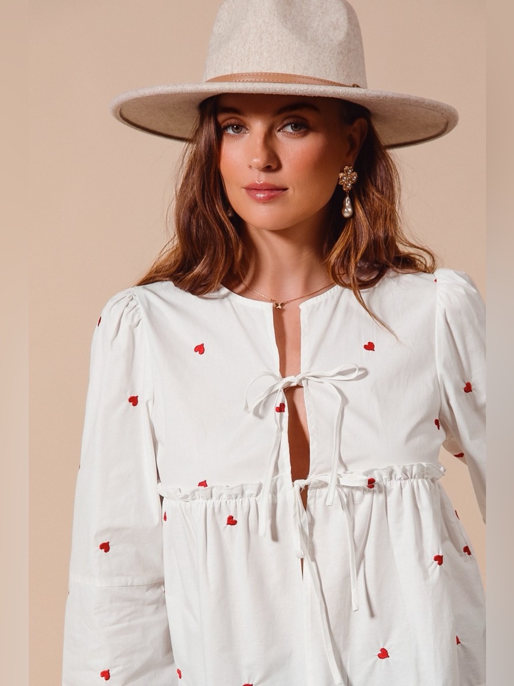 SO ME Front Tie Heart Embroidered Blouse With Puff Sleeve - Picture 3 of 11